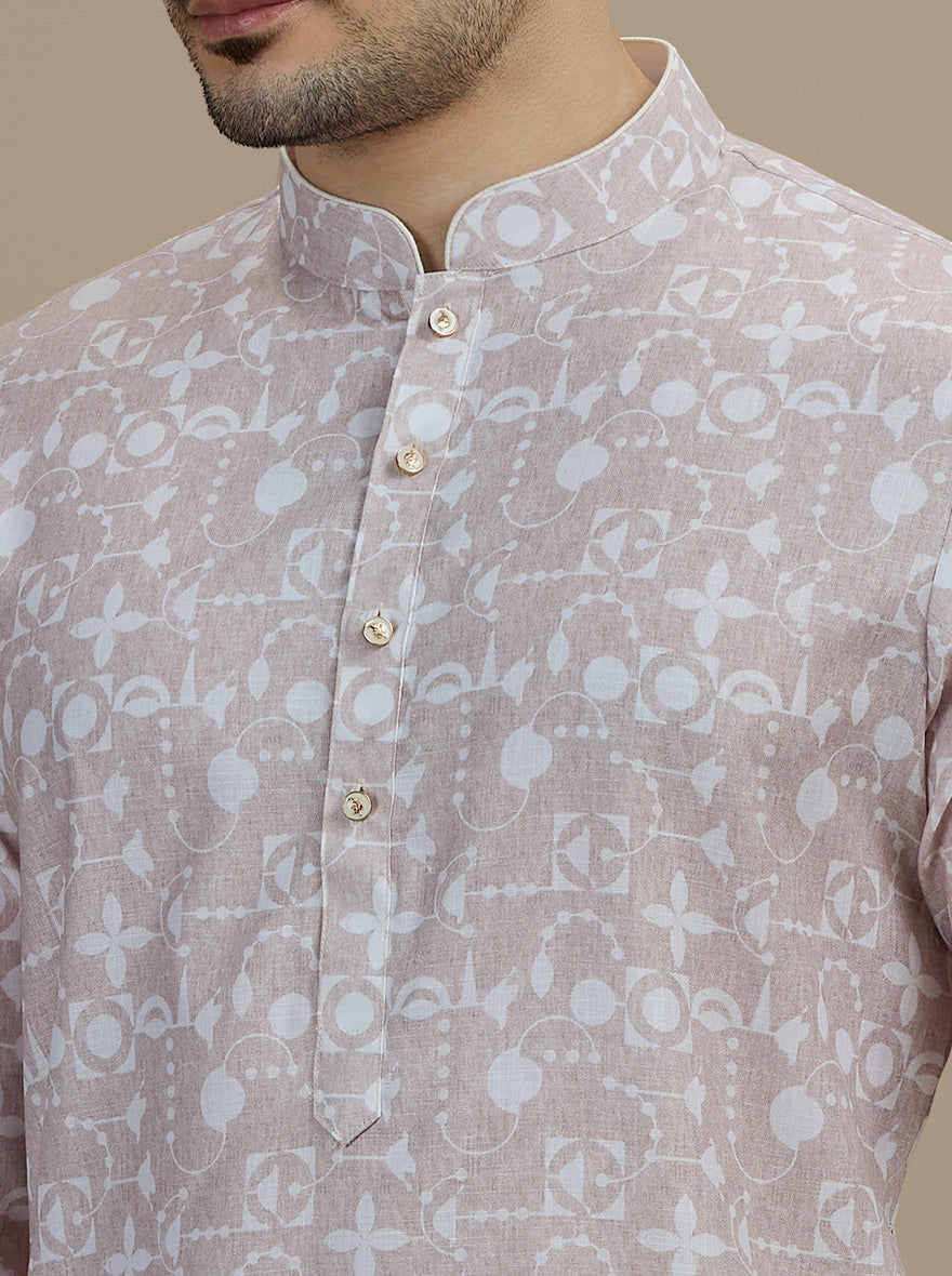 Beige & White Printed Kurta For Men