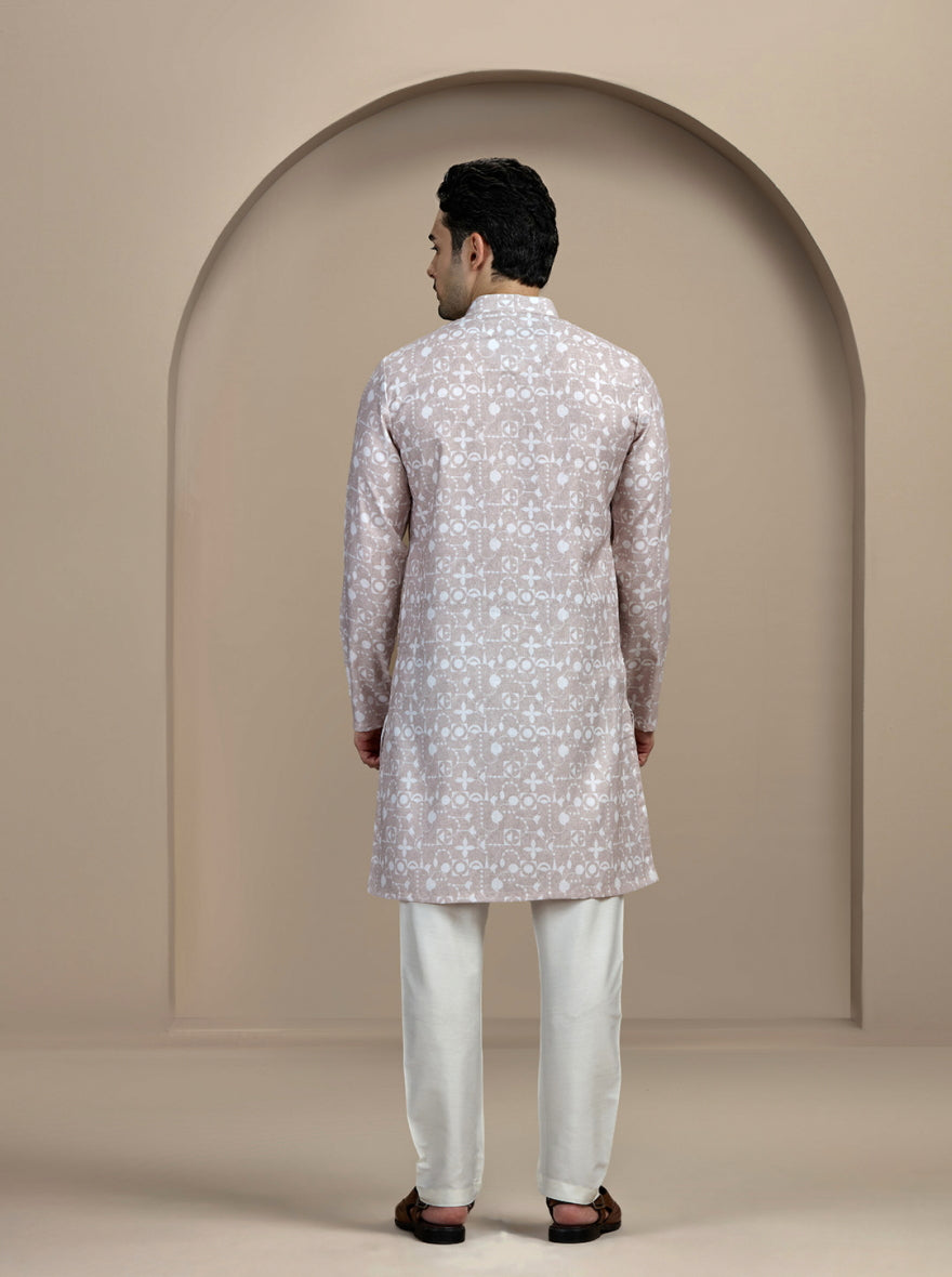 Beige & White Printed Kurta For Men