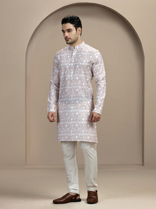 Beige & White Printed Kurta For Men