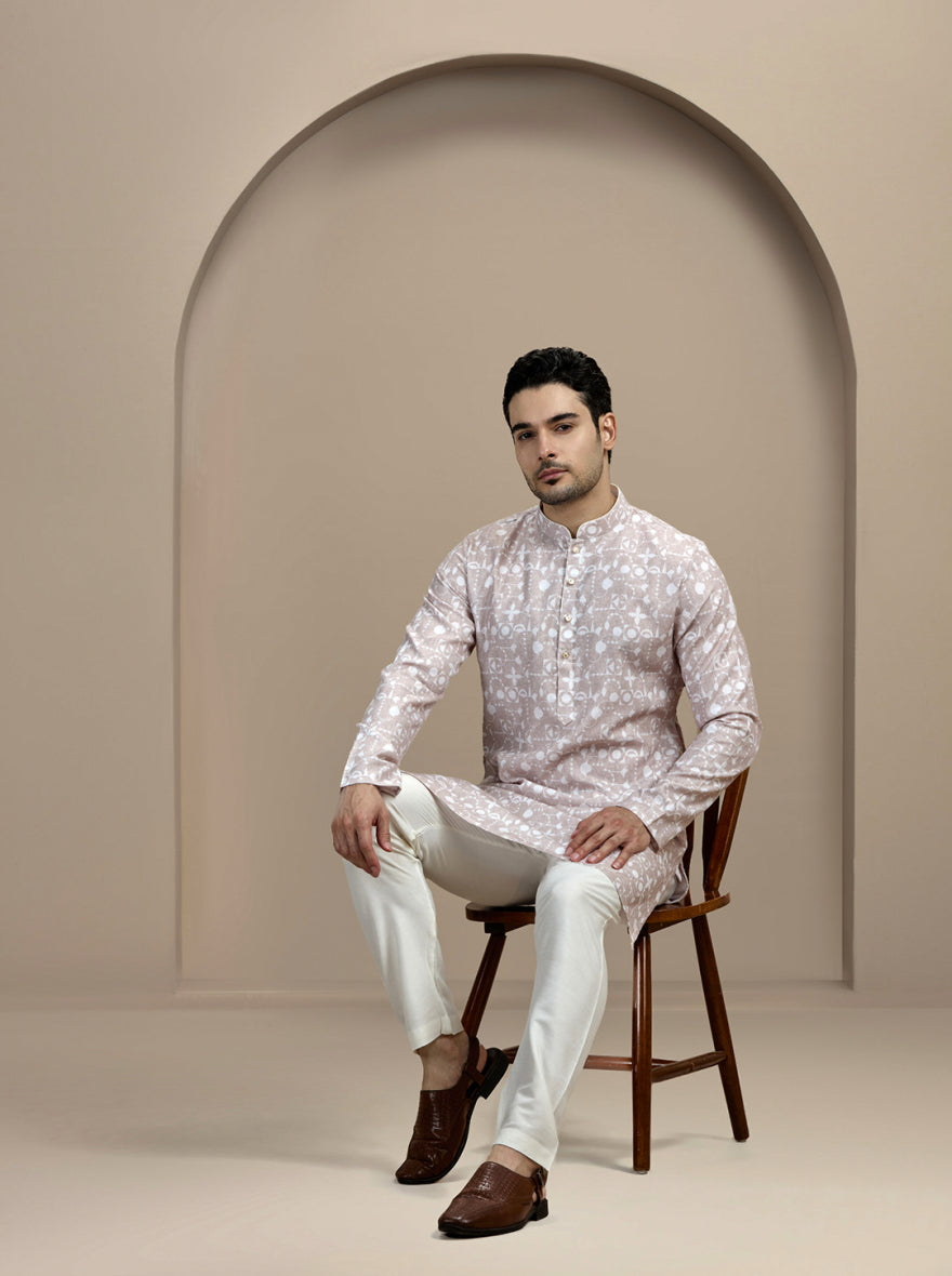 Beige & White Printed Kurta For Men
