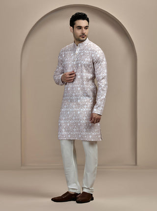 Beige & White Printed Kurta For Men