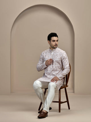 Beige & White Printed Kurta For Men