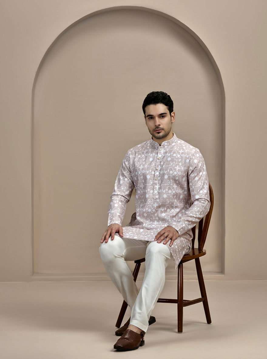 Beige & White Printed Kurta For Men