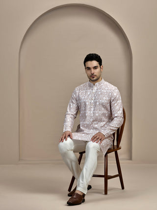 Beige & White Printed Kurta For Men