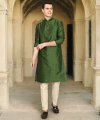 Olive Green Printed Silk Blend Kurta for Men