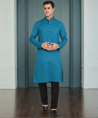 Peacock Blue Solid Silk Blend Kurta for Men