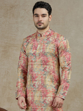 Peach Printed Kurta For Men