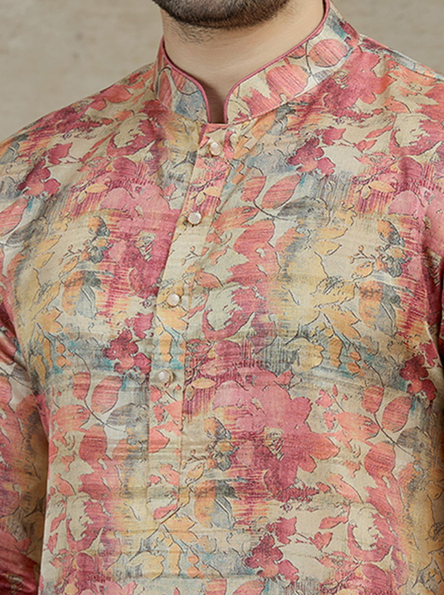 Peach Printed Kurta For Men