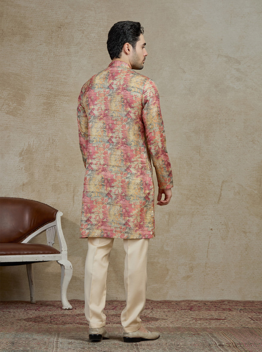 Peach Printed Kurta For Men