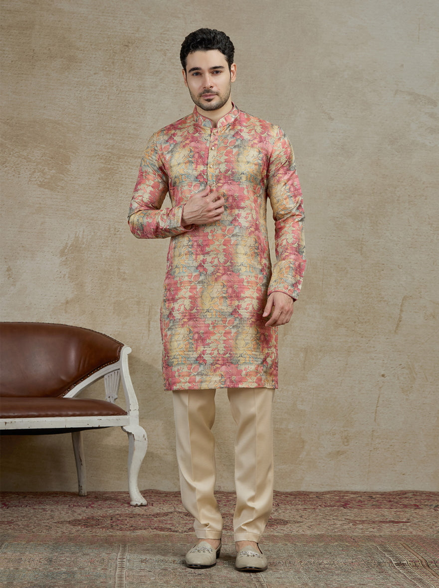 Peach Printed Kurta For Men