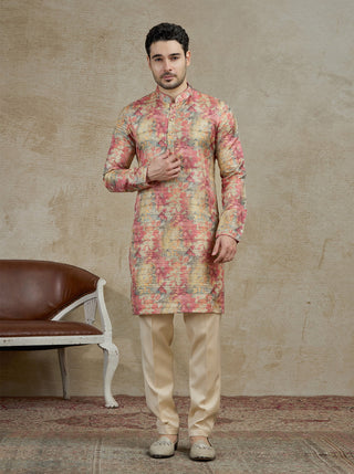 Peach Printed Kurta For Men