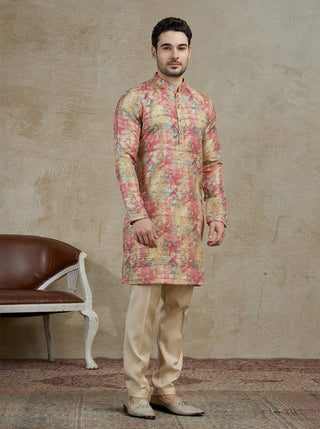 Peach Printed Kurta For Men