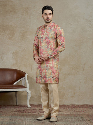 Peach Printed Kurta For Men