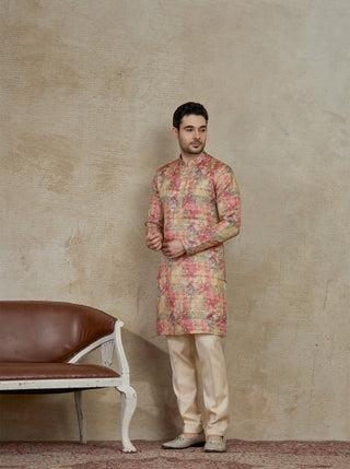 Peach Printed Kurta For Men