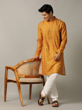 Mustard Yellow Printed Kurta For Men