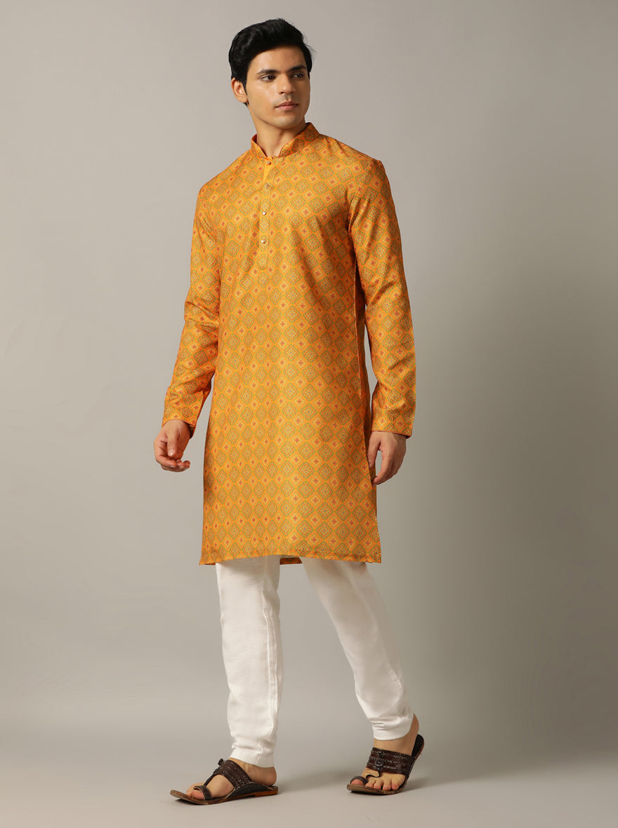 Mustard Yellow Printed Kurta For Men