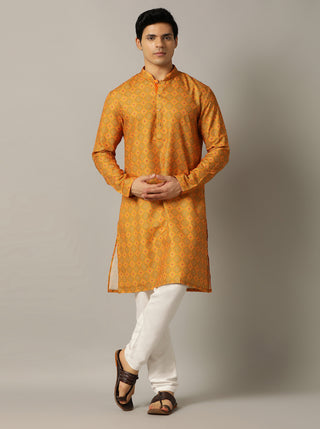 Mustard Yellow Printed Kurta For Men