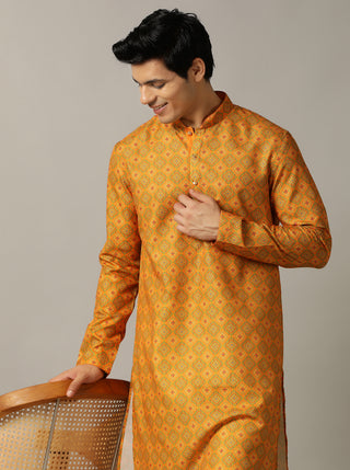 Mustard Yellow Printed Kurta For Men