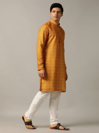 Mustard Yellow Printed Kurta For Men