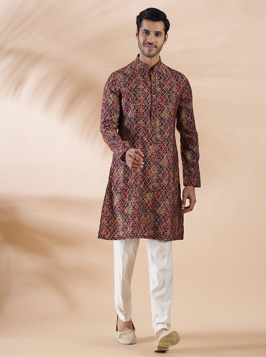 Wine Printed Kurta For Men