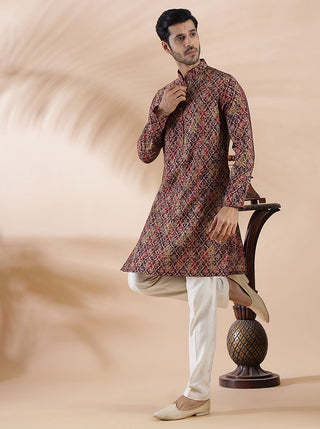 Wine Printed Kurta For Men