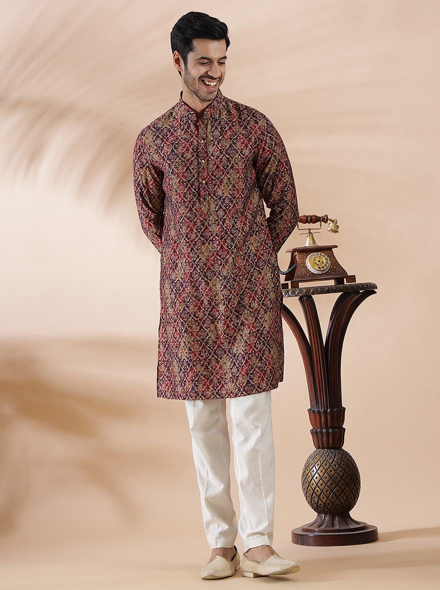 Wine Printed Kurta For Men