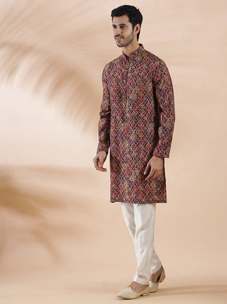 Wine Printed Kurta For Men