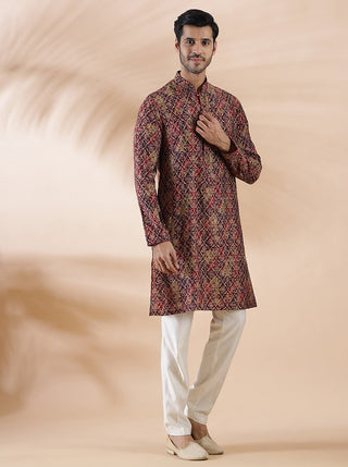 Wine Printed Kurta For Men