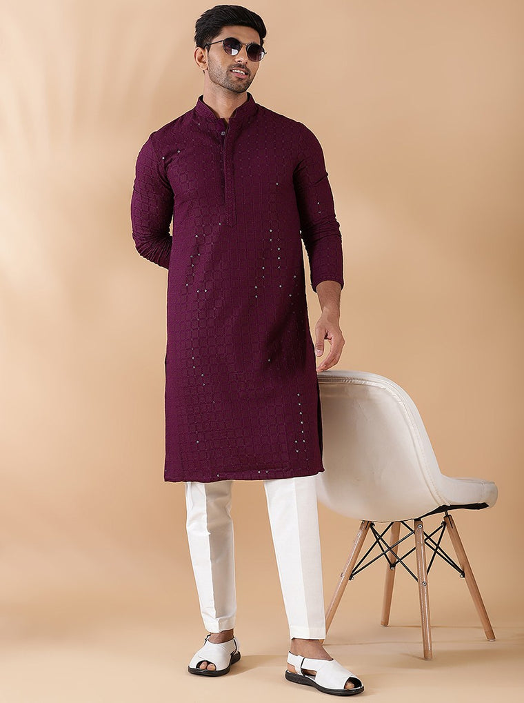 Men’s Purple Embroidered Kurta with White Trousers