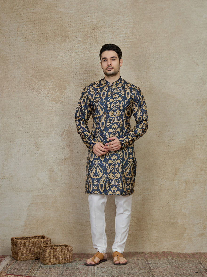 Navy Blue Printed Kurta For Men