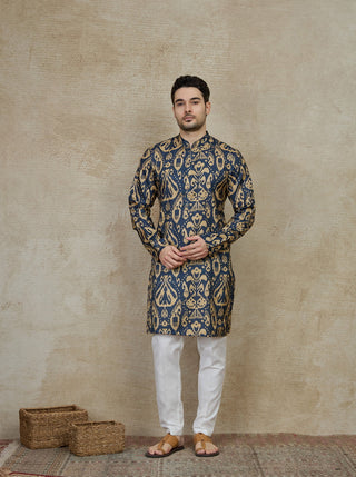 Navy Blue Printed Kurta For Men