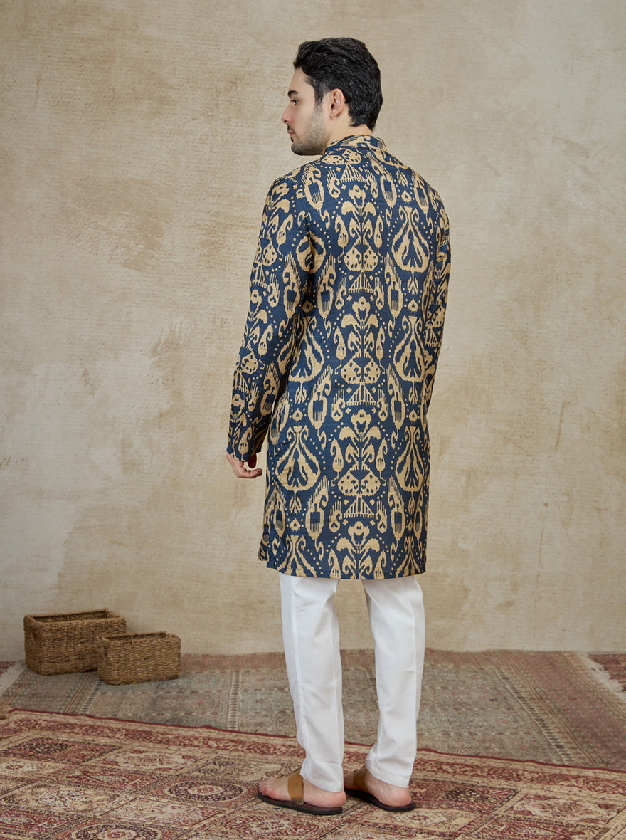 Navy Blue Printed Kurta For Men