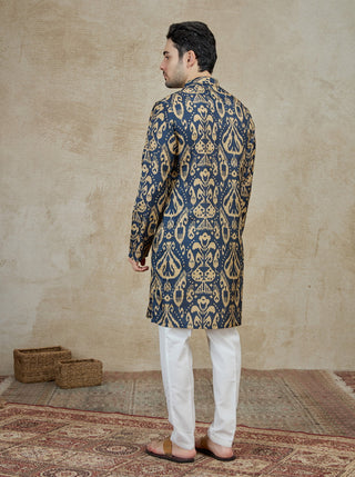 Navy Blue Printed Kurta For Men