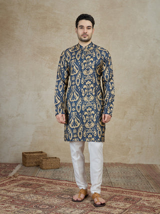 Navy Blue Printed Kurta For Men