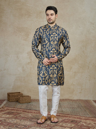 Navy Blue Printed Kurta For Men