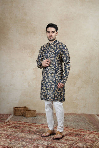 Navy Blue Printed Kurta For Men