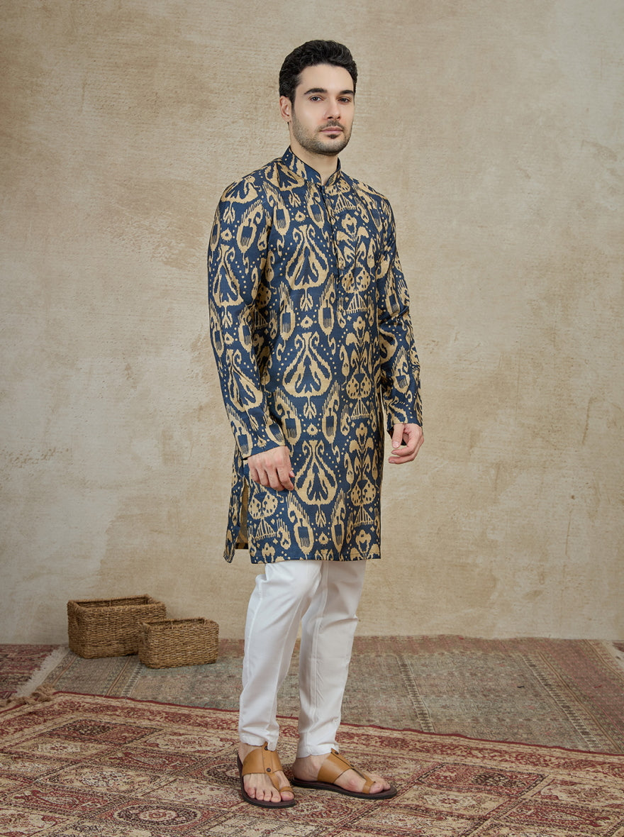 Navy Blue Printed Kurta For Men