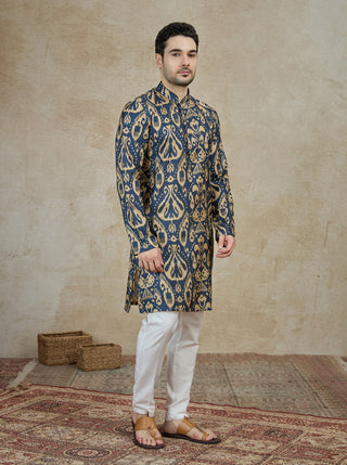 Navy Blue Printed Kurta For Men