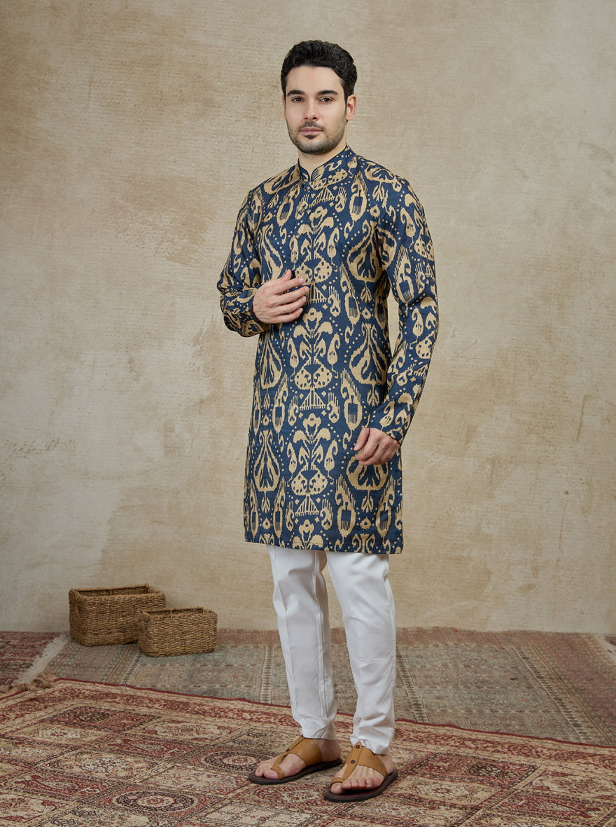 Navy Blue Printed Kurta For Men