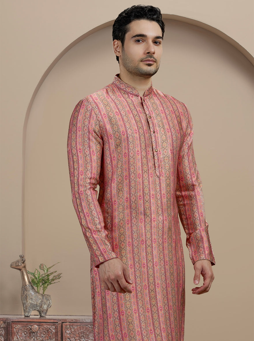 Pink & Brown Printed Kurta For Men