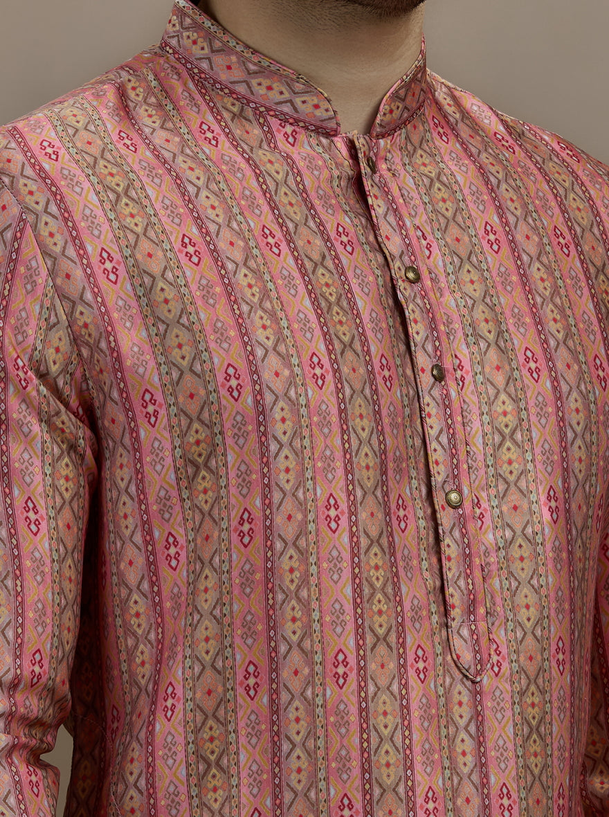 Pink & Brown Printed Kurta For Men