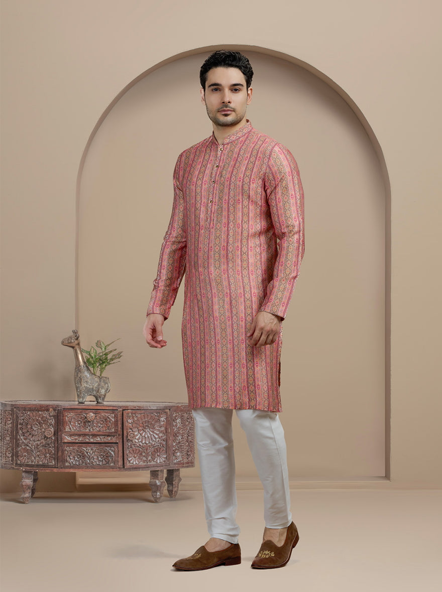 Pink & Brown Printed Kurta For Men