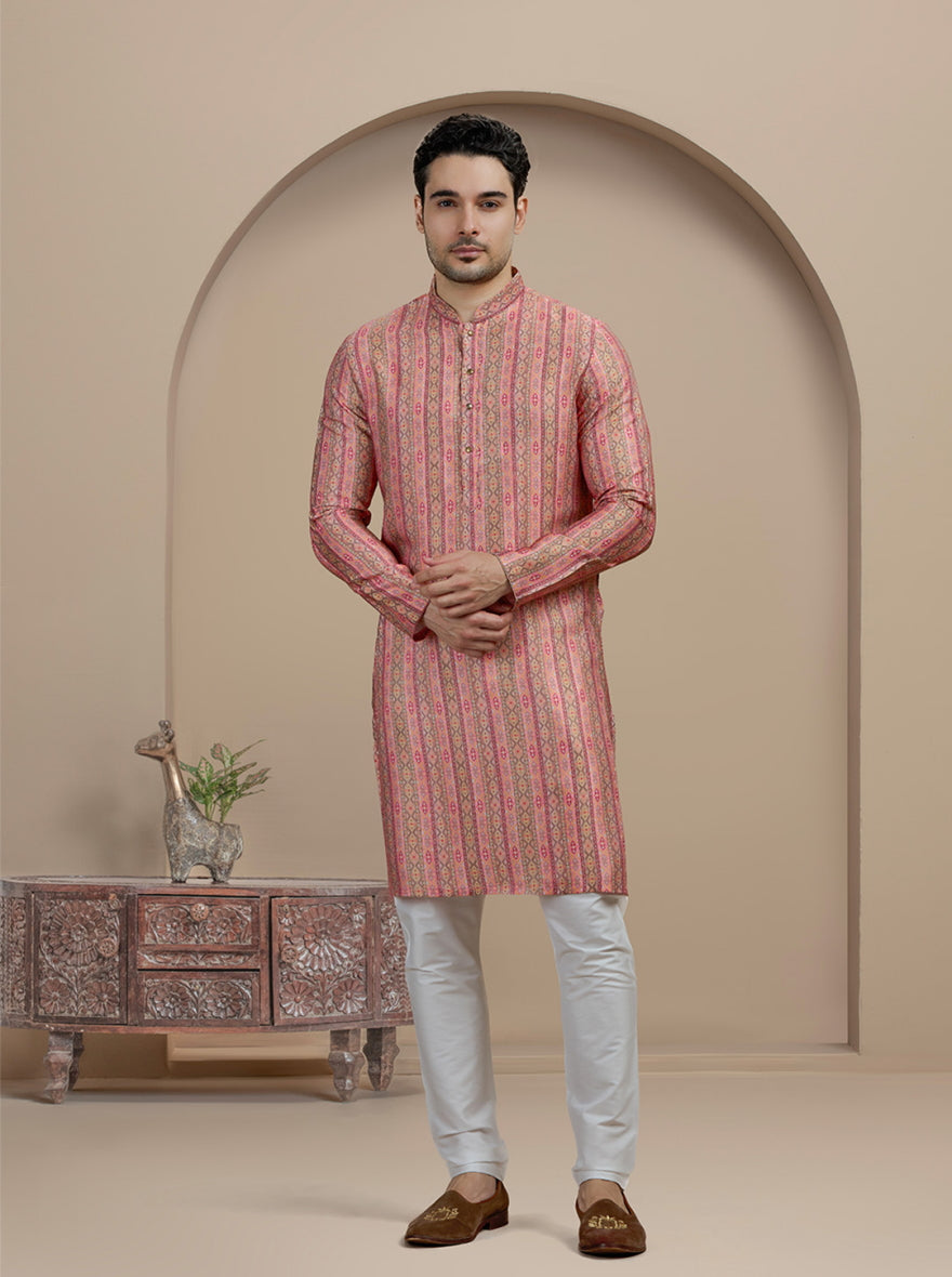 Pink & Brown Printed Kurta For Men