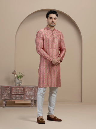 Pink & Brown Printed Kurta For Men