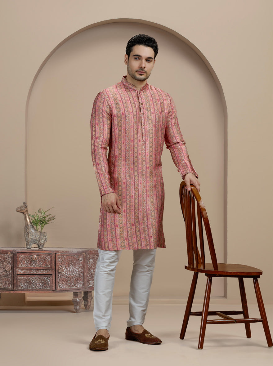 Pink & Brown Printed Kurta For Men