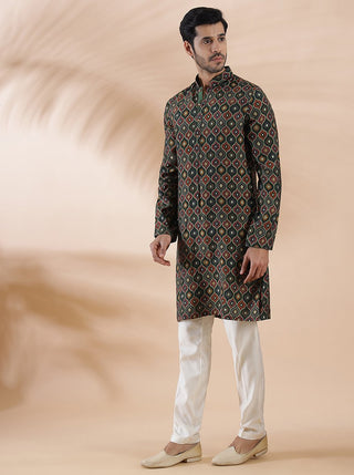 Green Printed Kurta For Men