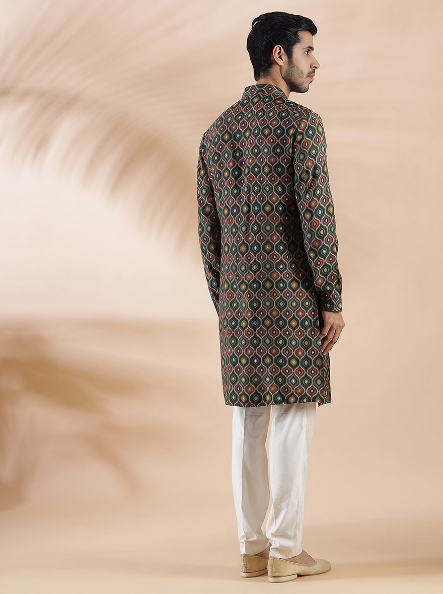 Green Printed Kurta For Men