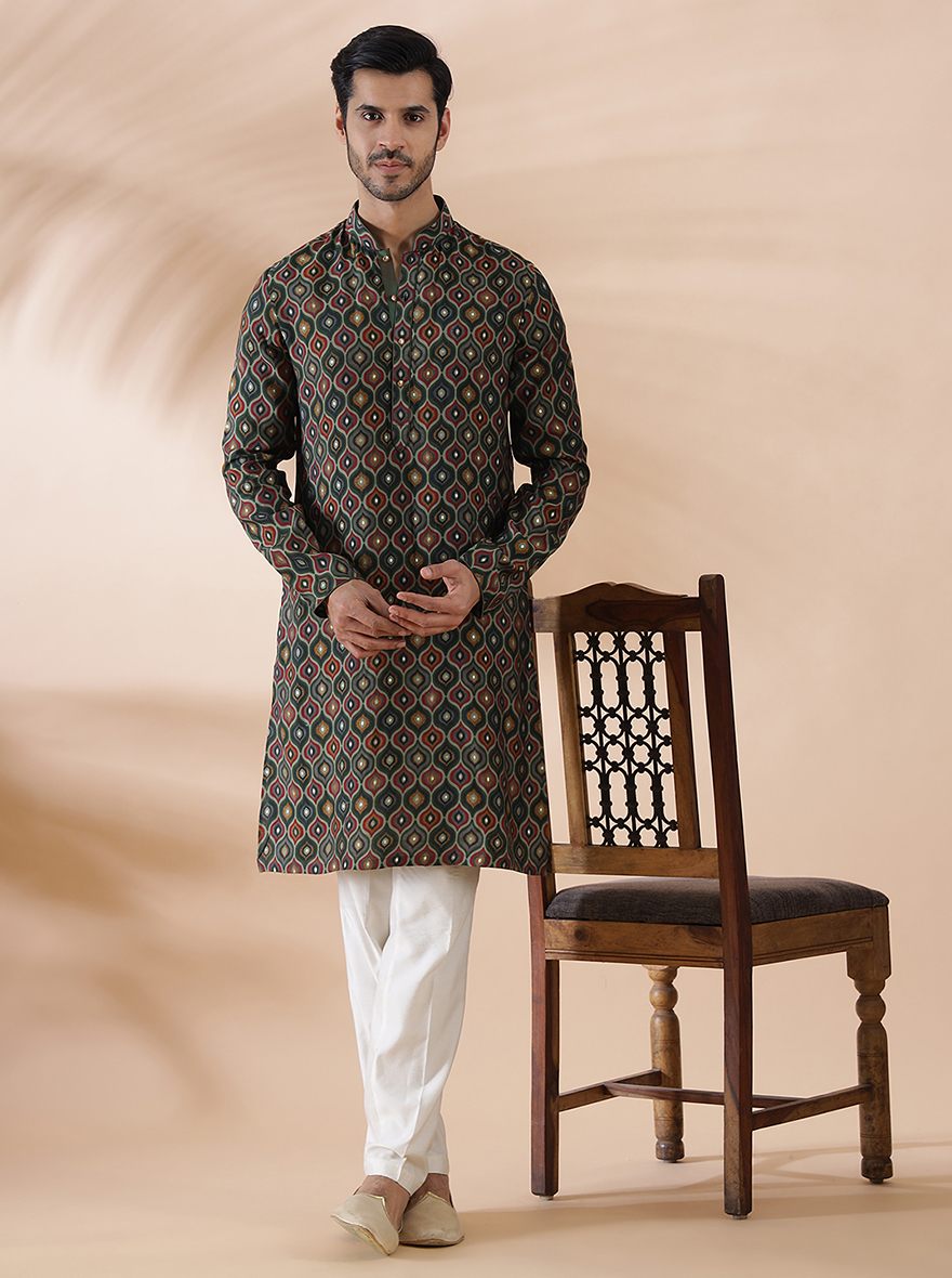 Green Printed Kurta For Men