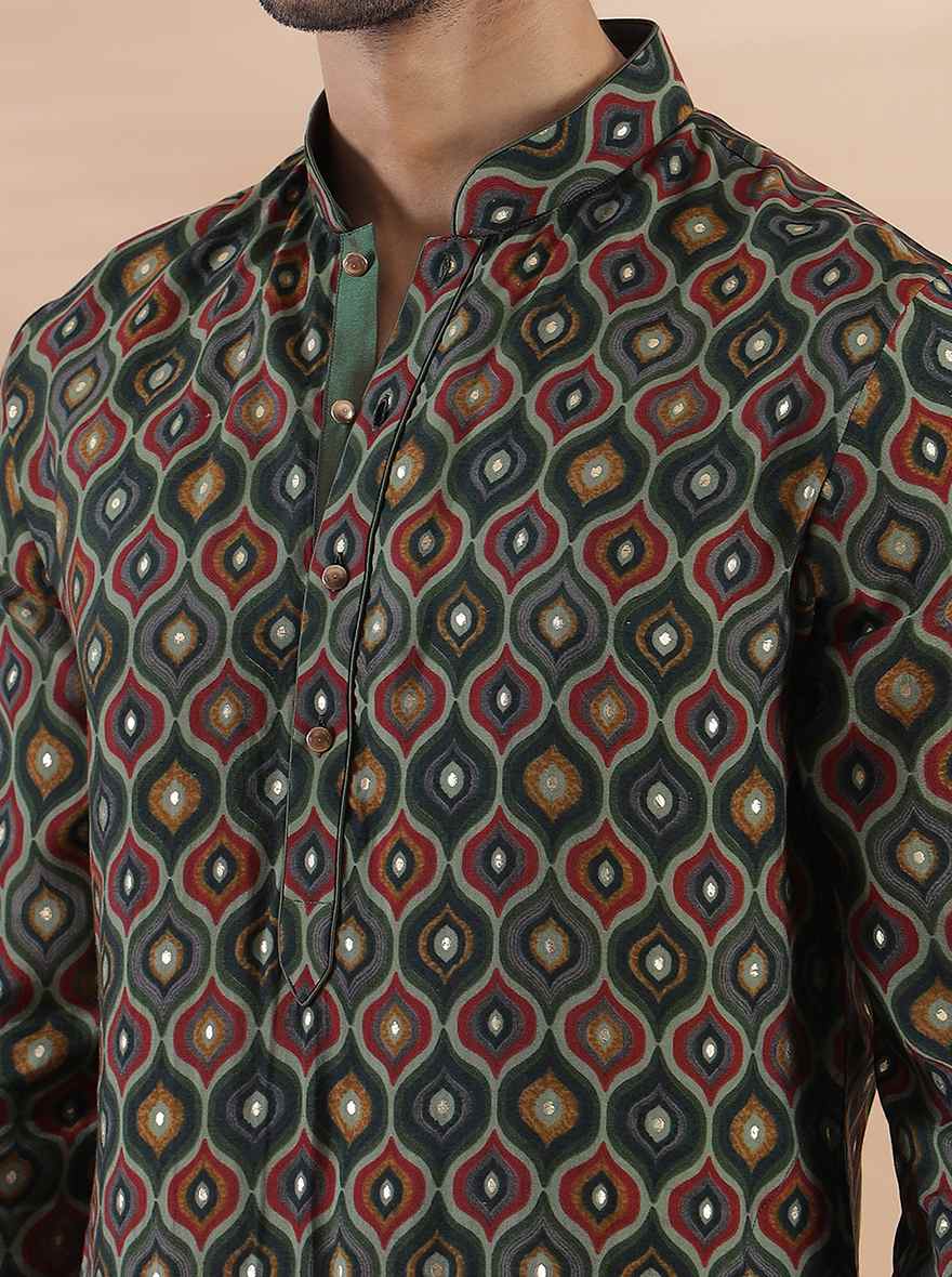 Green Printed Kurta For Men