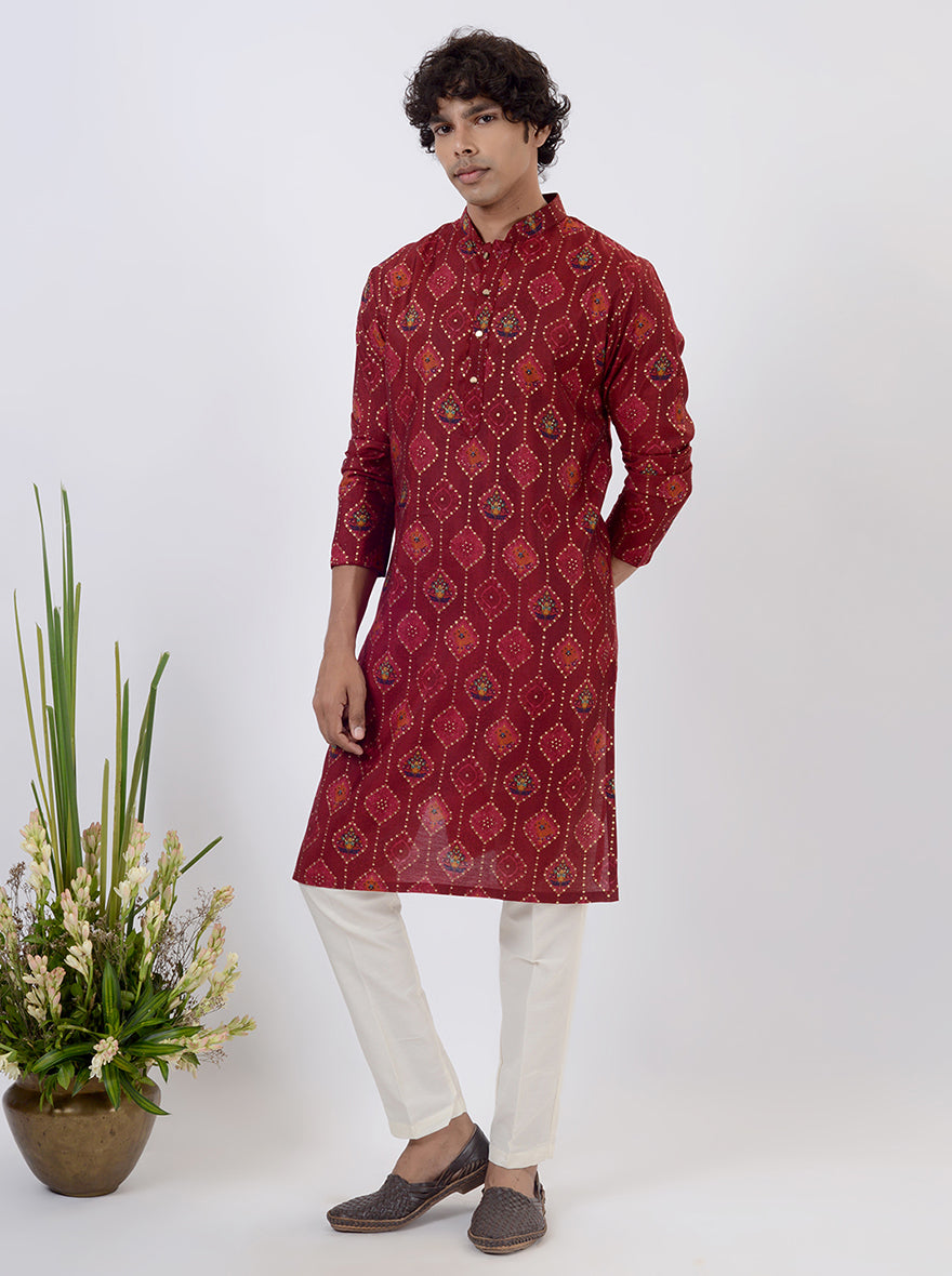 Maroon Printed Kurta For Men